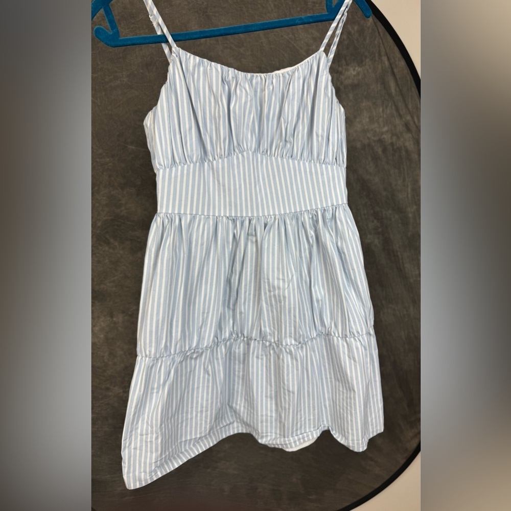 Express Blue & White Stripe Smocked Mini Dress Spaghetti Strap Tiered Dress XS